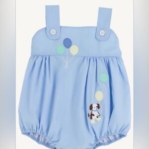 Light blue sleeveless bubble birthday balloons and puppy appliqué TBBC